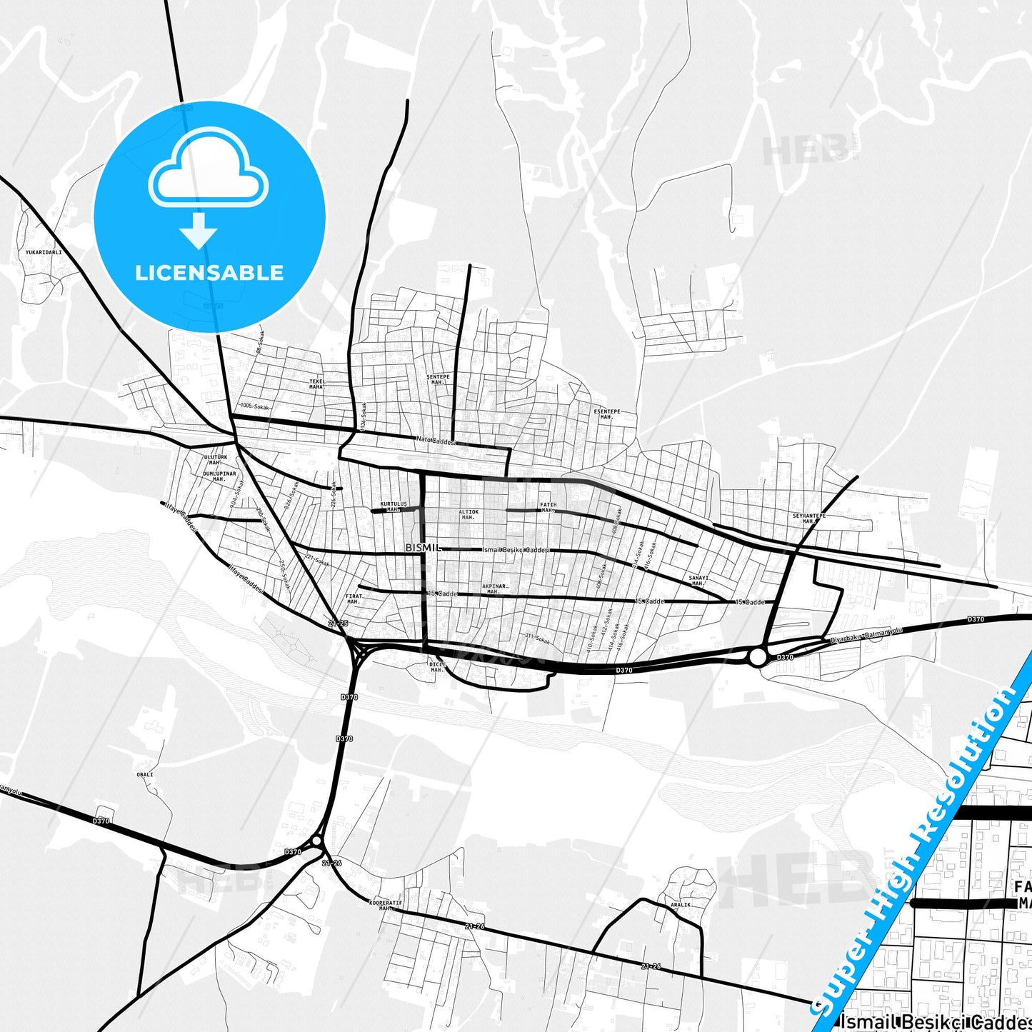 Bismil, Turkey Light Map with Street Names, City Names, and Districts