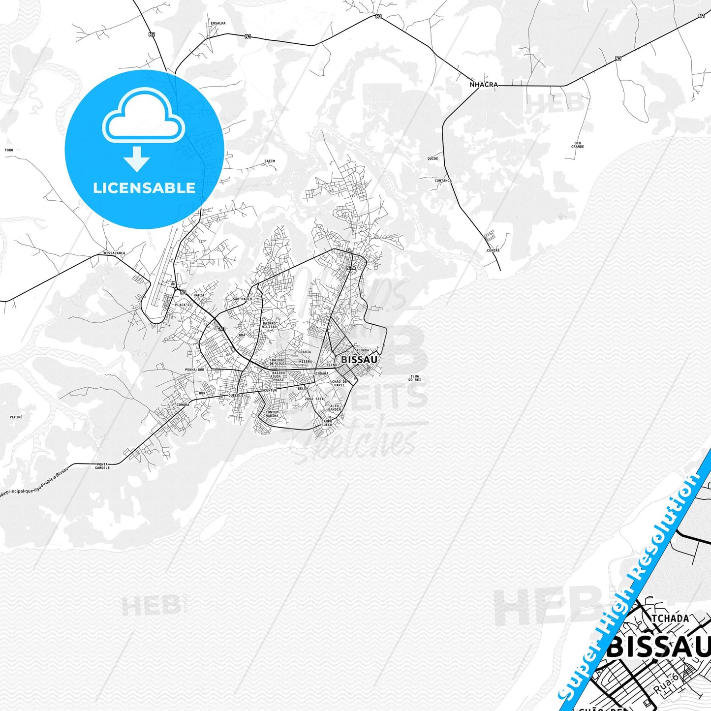 Bissau, Guinea Bissau light map with streetnames, citynames and districts