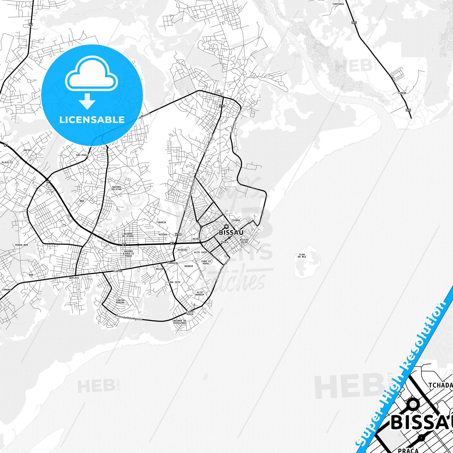 Bissau, Guinea Bissau Light Map with Street Names, City Names, and Districts