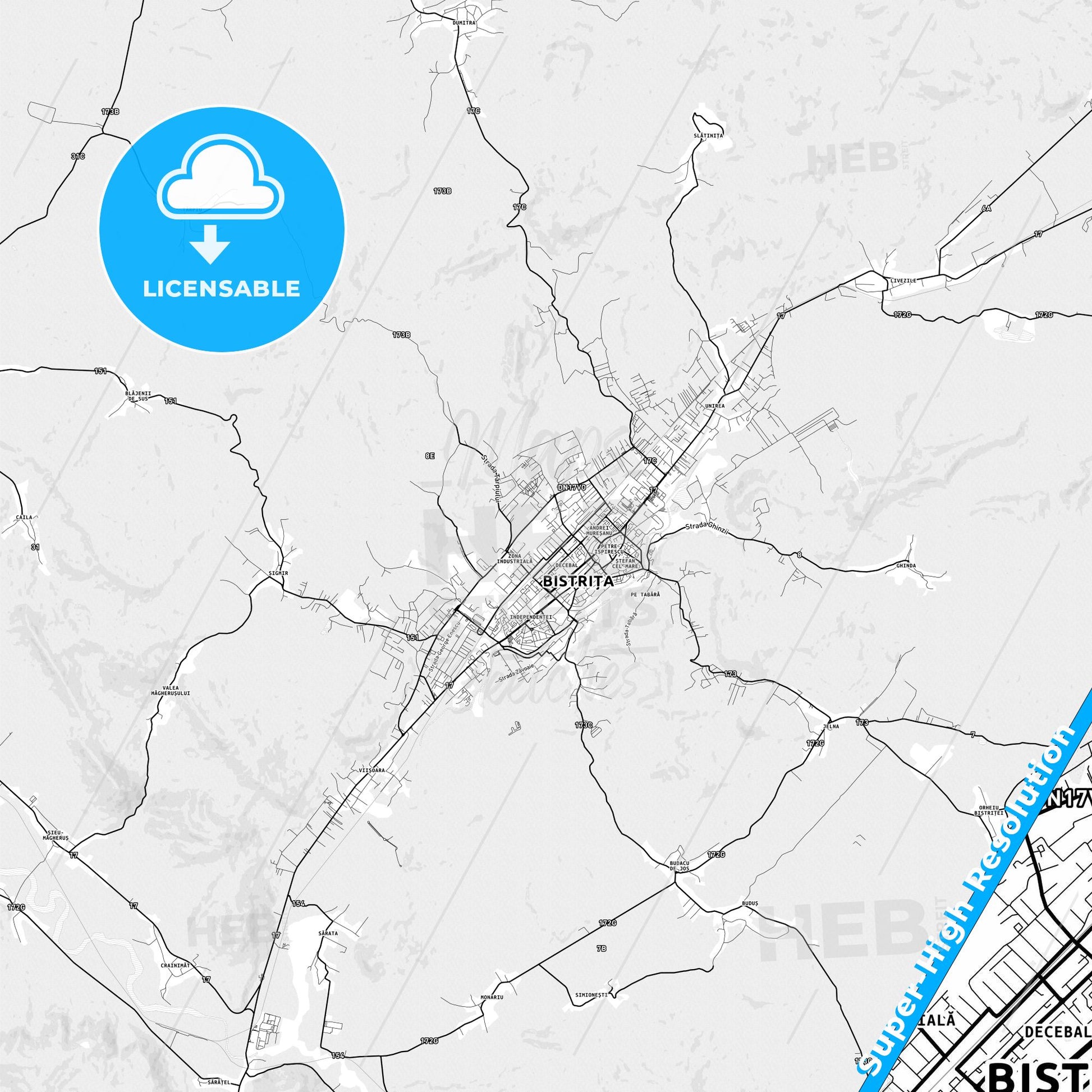 Bistrița, Romania light map with streetnames, citynames and districts