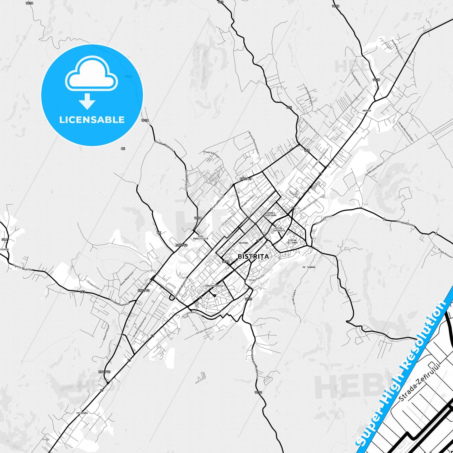 Bistrița, Romania Light Map with Street Names, City Names, and Districts