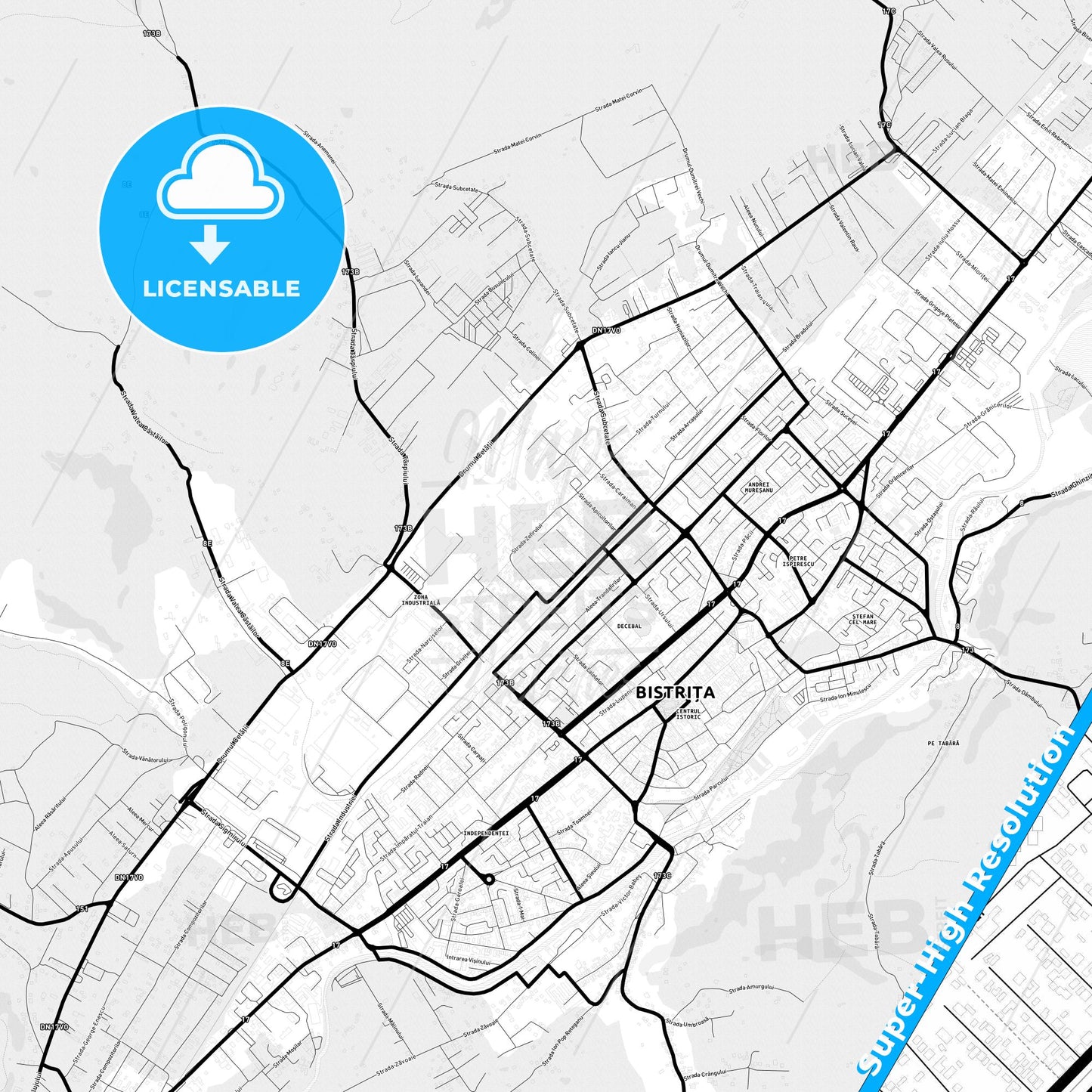 Bistrița, Romania Light Map with Street Names, City Names, and Districts