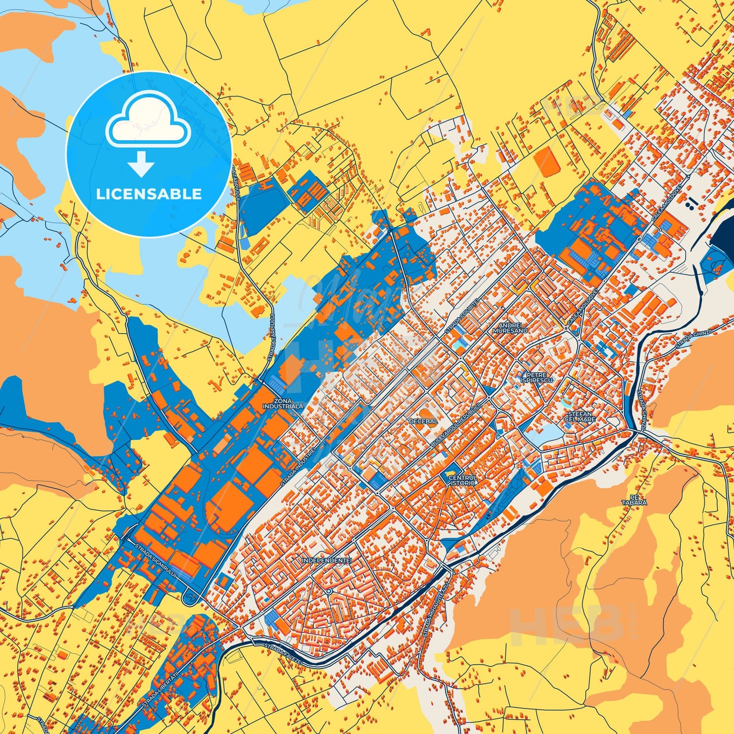 Colorful Bistrița Street Map with Labels and Buildings
