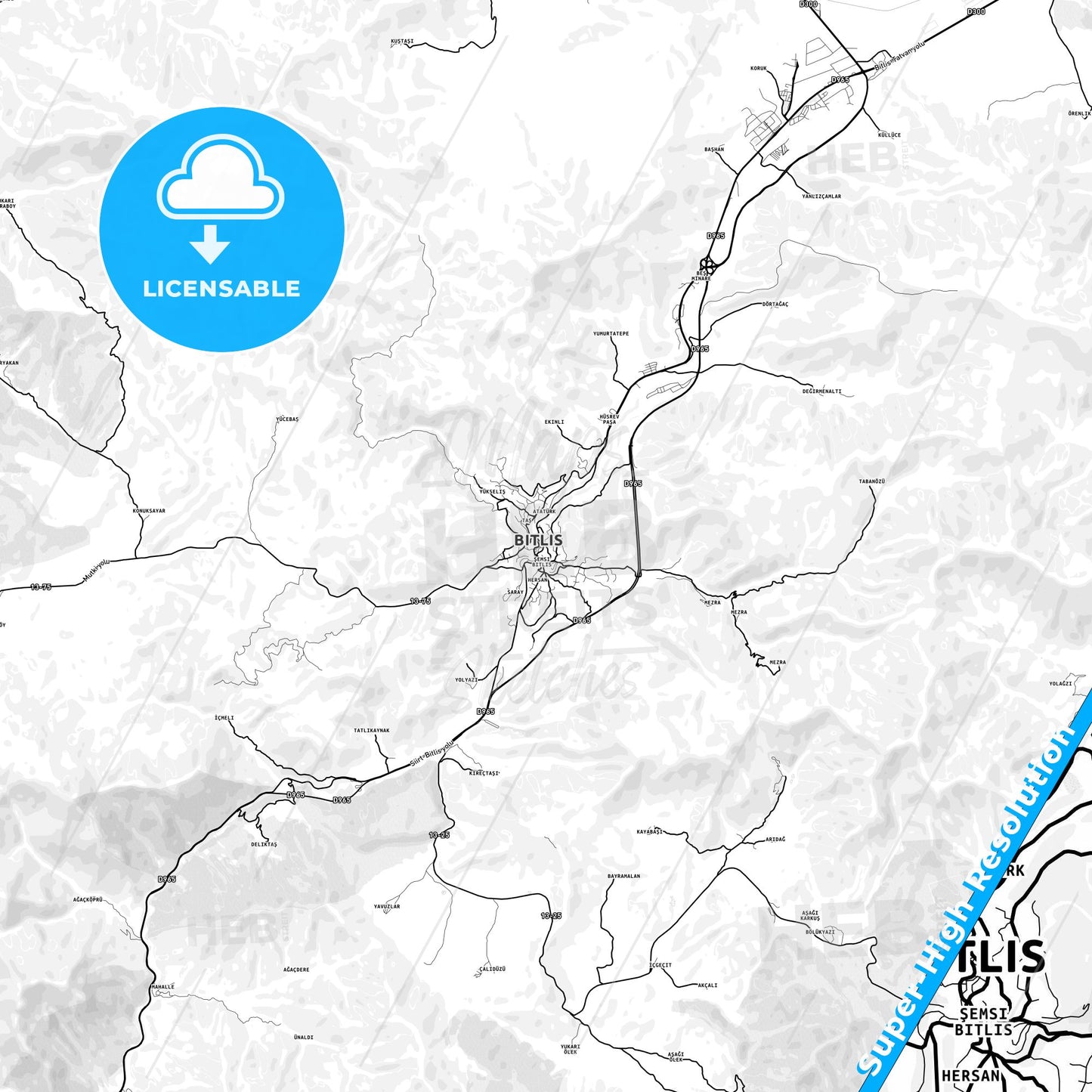 Bitlis, Turkey light map with streetnames, citynames and districts