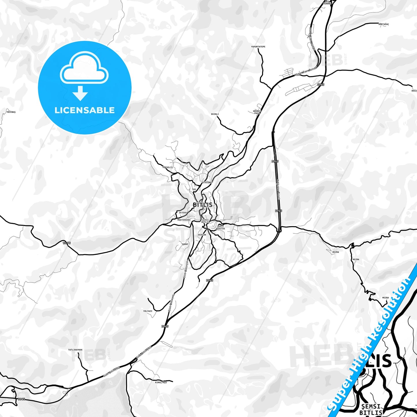 Bitlis, Turkey Light Map with Street Names, City Names, and Districts