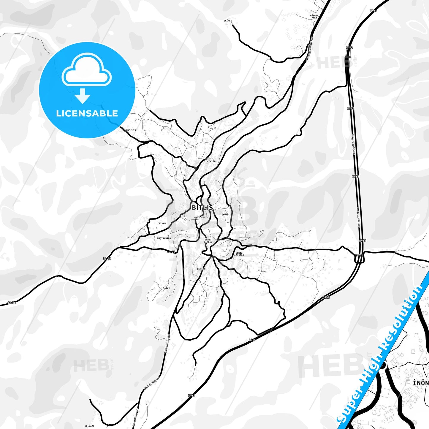 Bitlis, Turkey Light Map with Street Names, City Names, and Districts