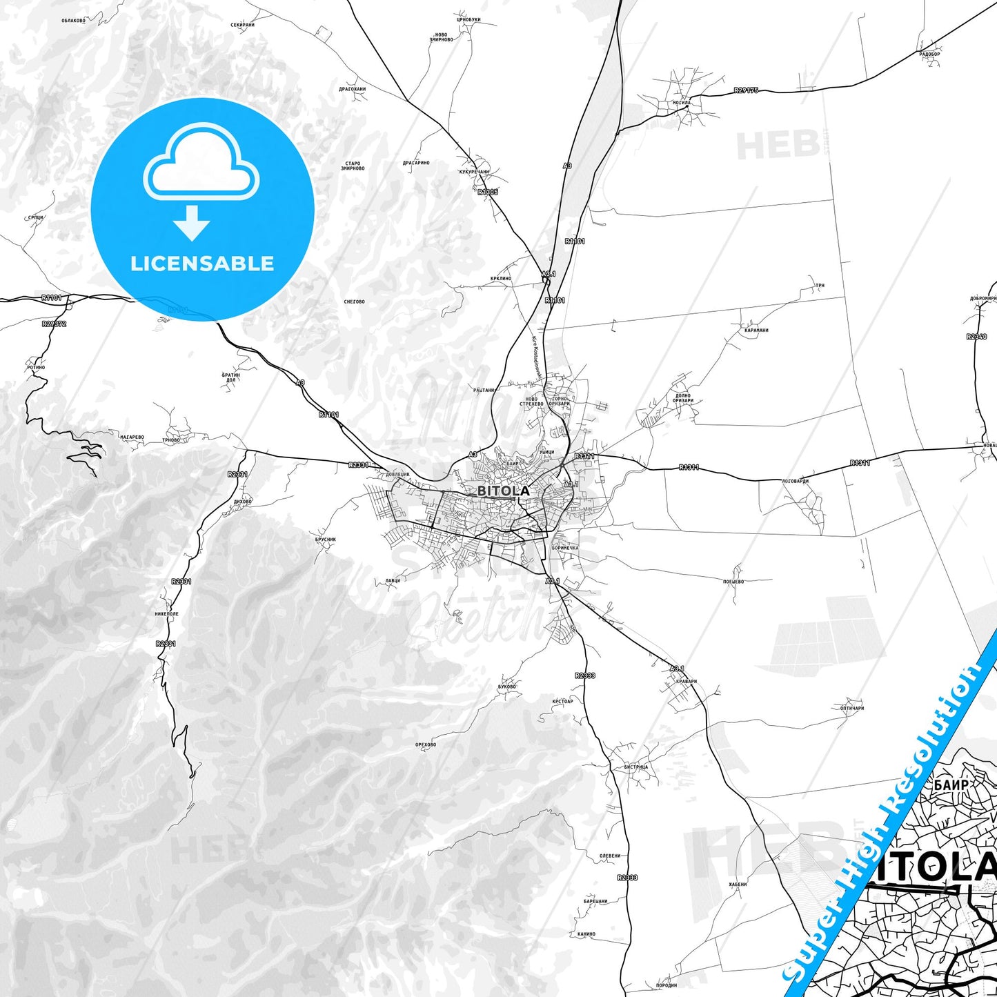 Bitola, North Macedonia light map with streetnames, citynames and districts