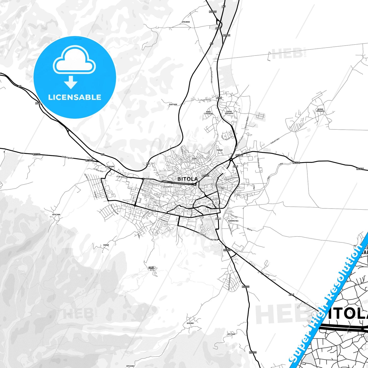 Bitola, North Macedonia Light Map with Street Names, City Names, and Districts