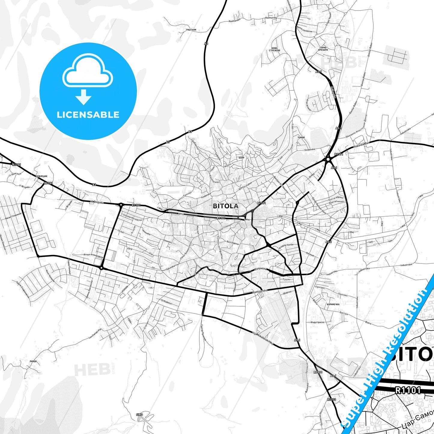 Bitola, North Macedonia Light Map with Street Names, City Names, and Districts