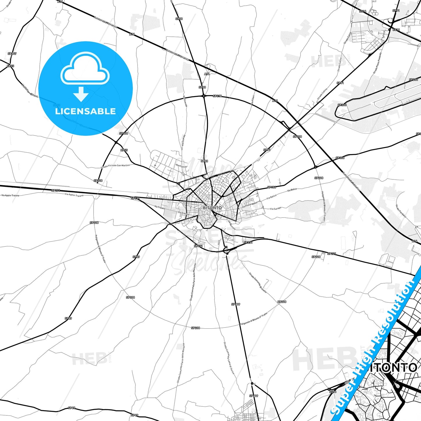 Bitonto, Italy Light Map with Street Names, City Names, and Districts