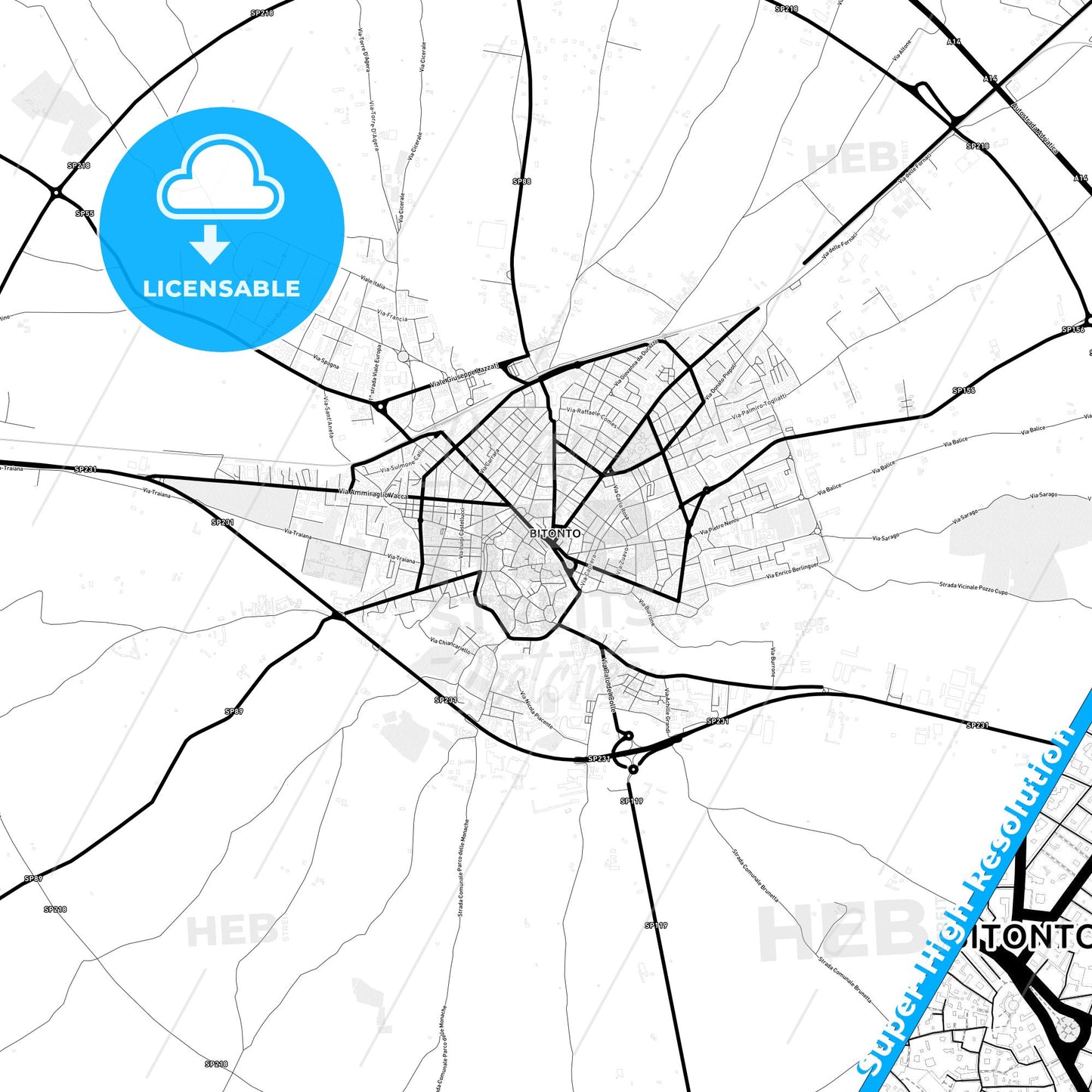 Bitonto, Italy Light Map with Street Names, City Names, and Districts