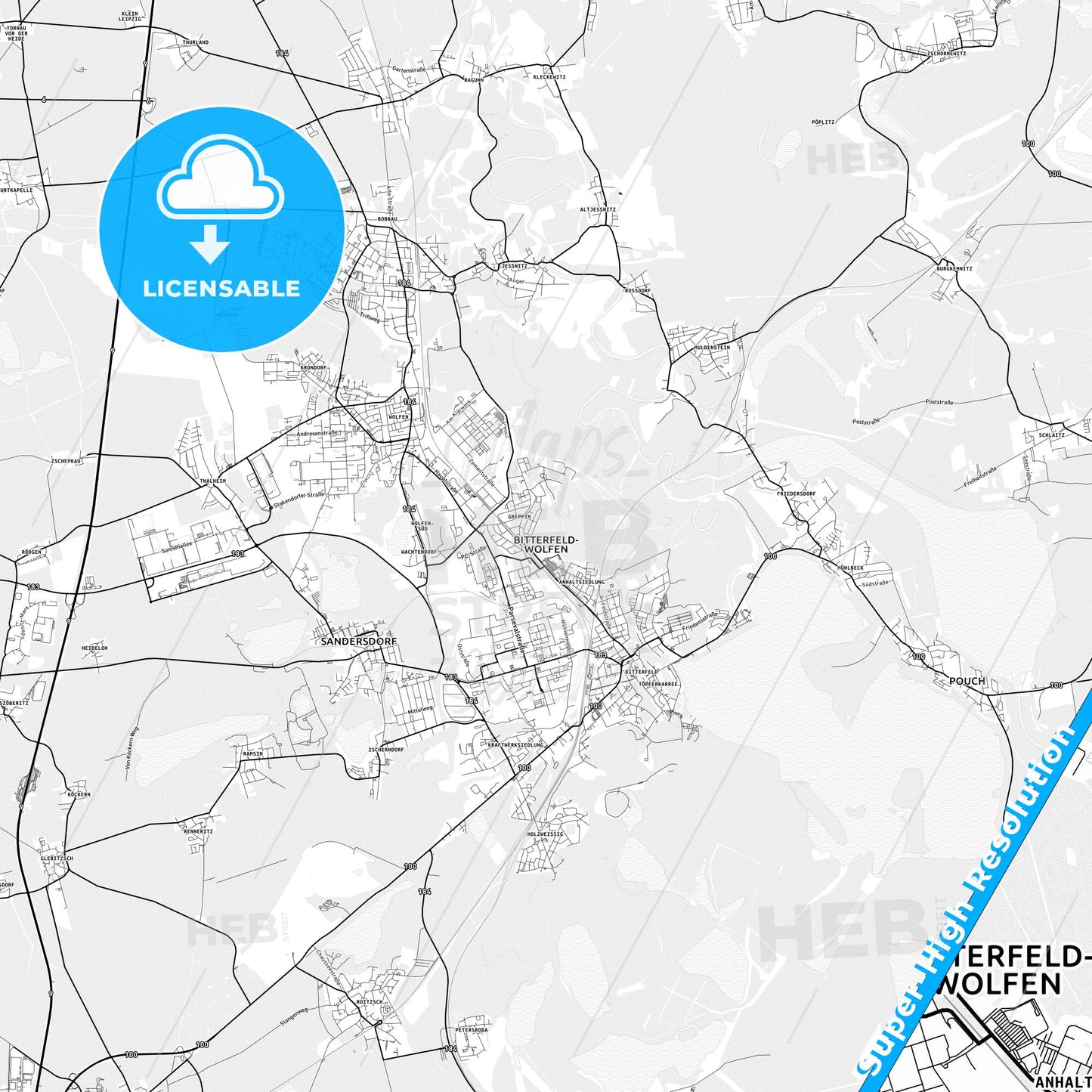 Bitterfeld-Wolfen, Germany light map with streetnames, citynames and districts