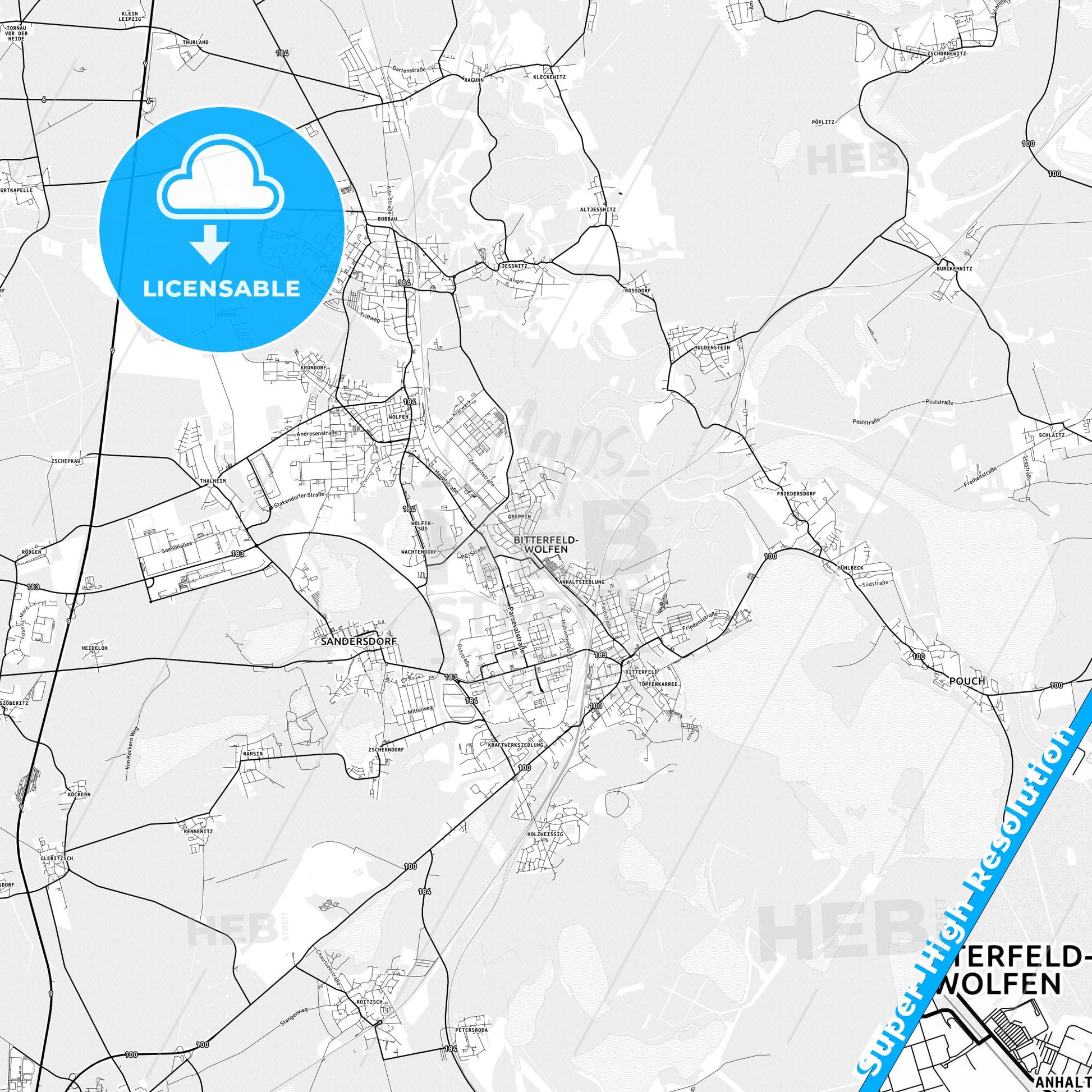 Bitterfeld-Wolfen, Germany light map with streetnames, citynames and districts