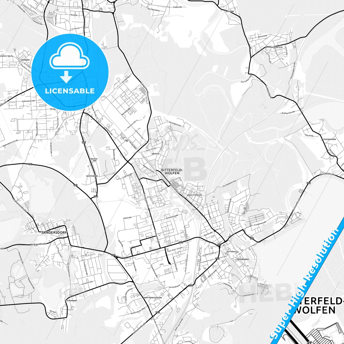 Bitterfeld-Wolfen, Germany Light Map with Street Names, City Names, and Districts