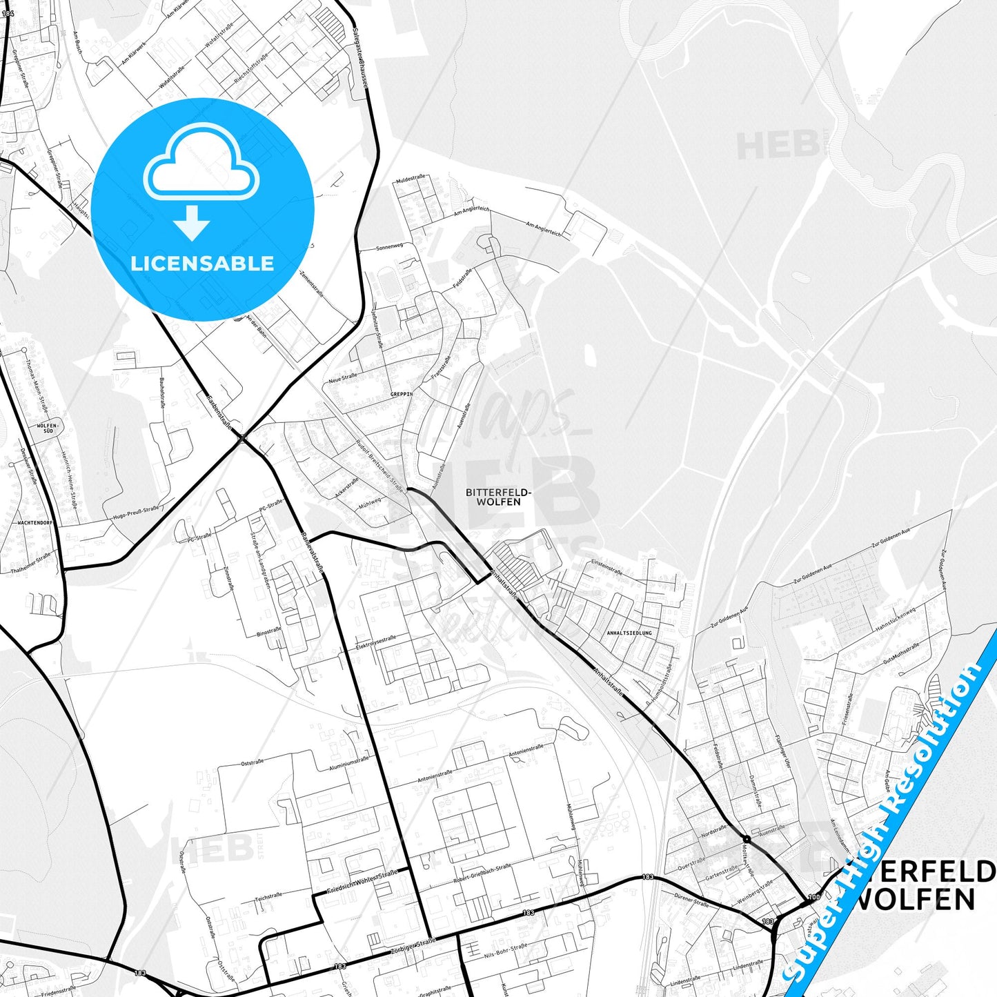 Bitterfeld-Wolfen, Germany Light Map with Street Names, City Names, and Districts