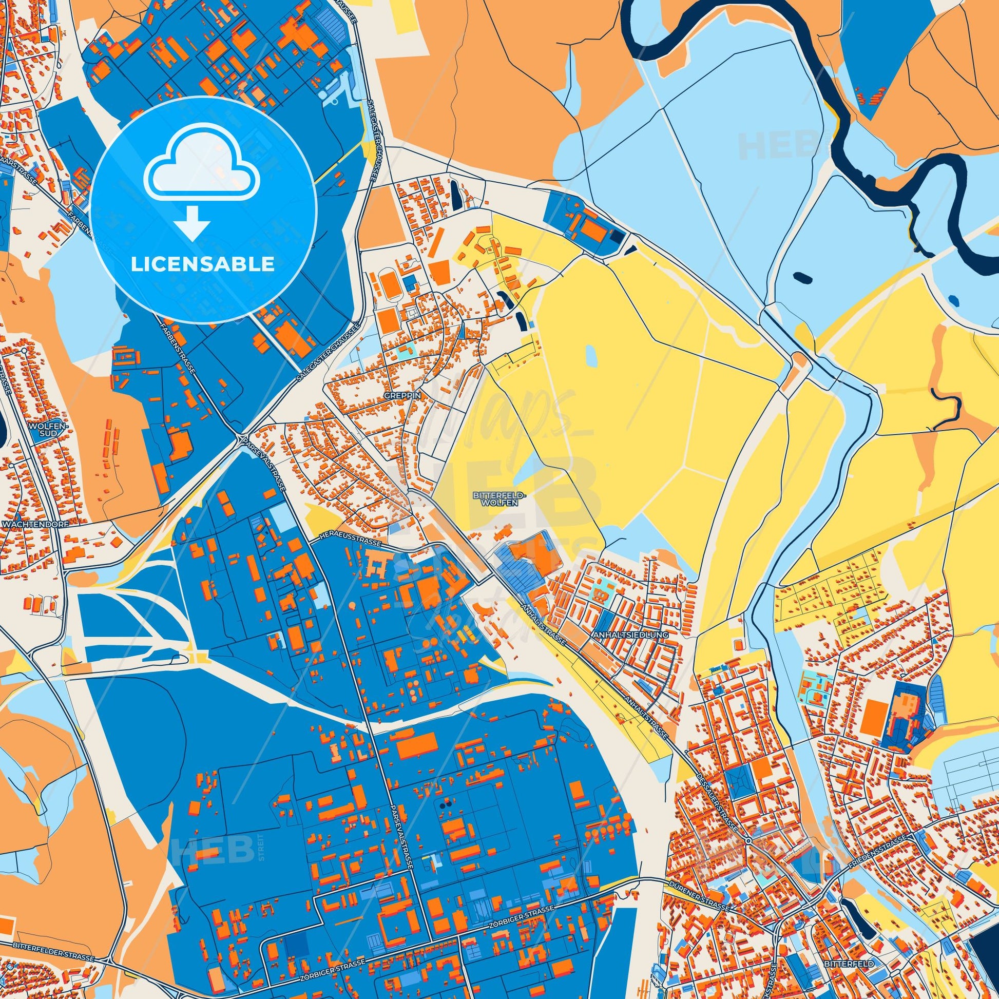 Colorful Bitterfeld-Wolfen Street Map with Labels and Buildings