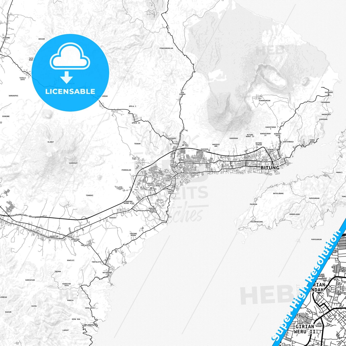 Bitung, Indonesia light map with streetnames, citynames and districts