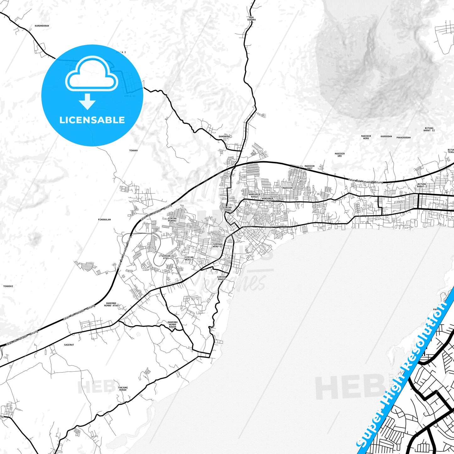 Bitung, Indonesia Light Map with Street Names, City Names, and Districts