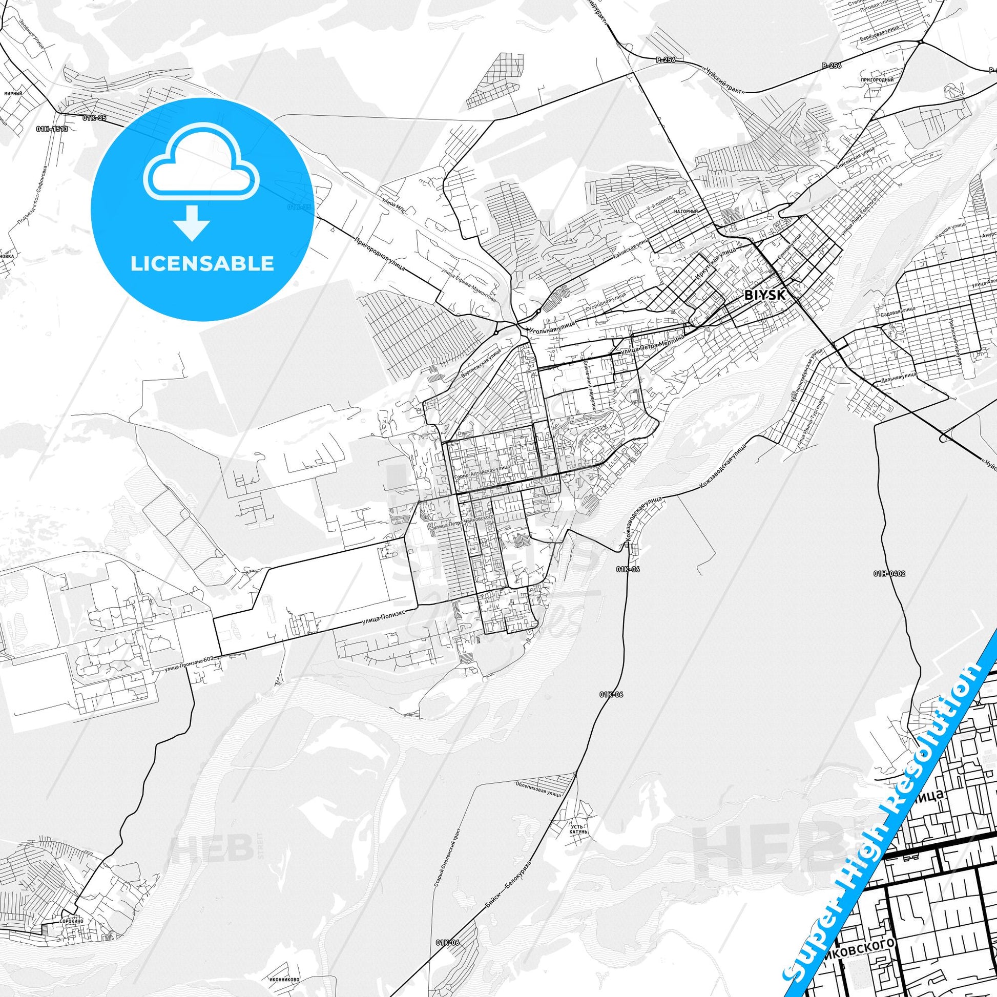 Biysk, Russia light map with streetnames, citynames and districts