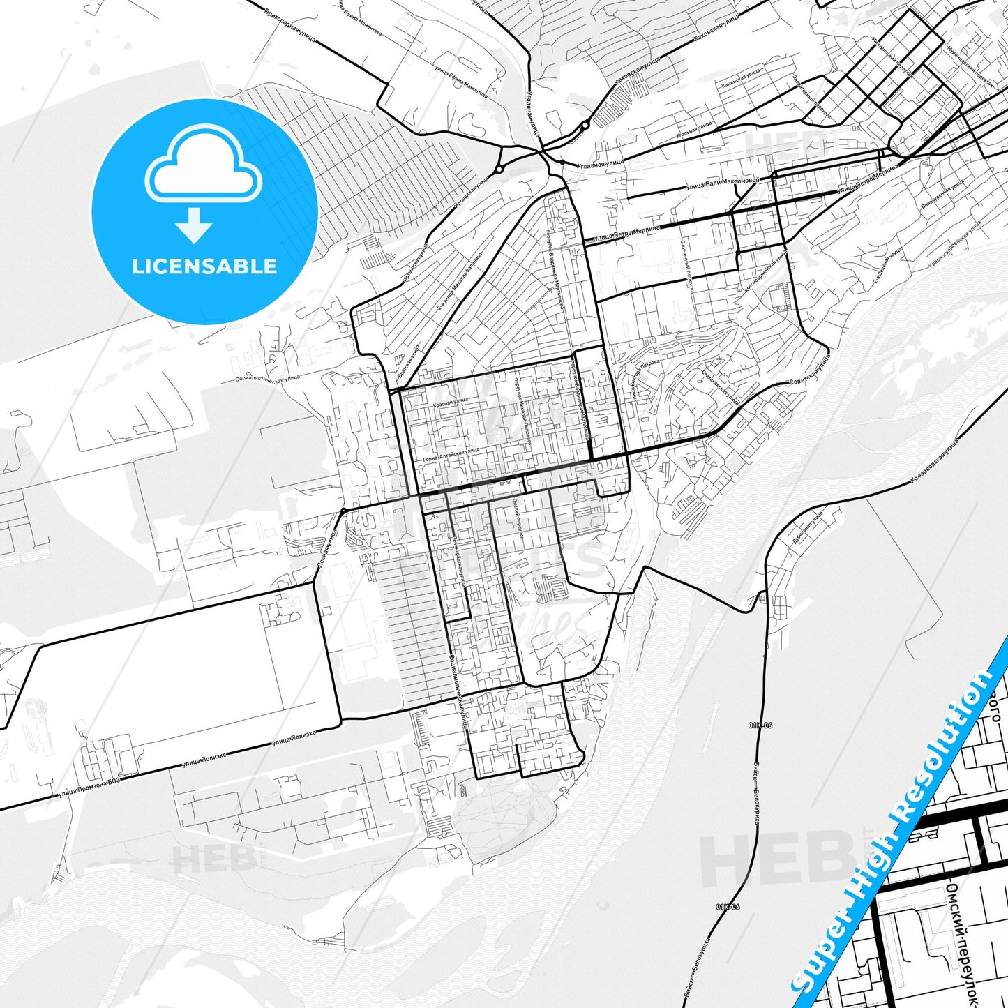 Biysk, Russia Light Map with Street Names, City Names, and Districts