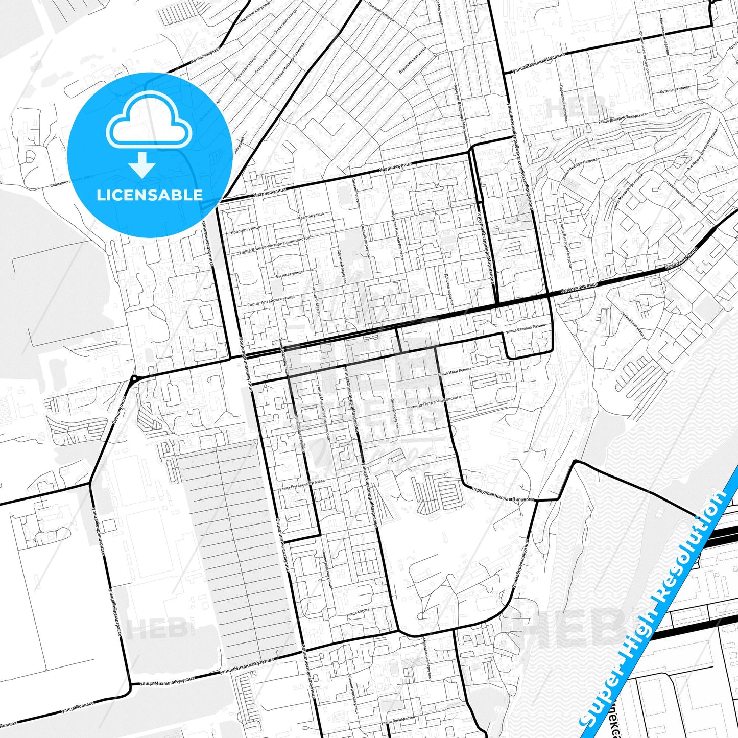 Biysk, Russia Light Map with Street Names, City Names, and Districts