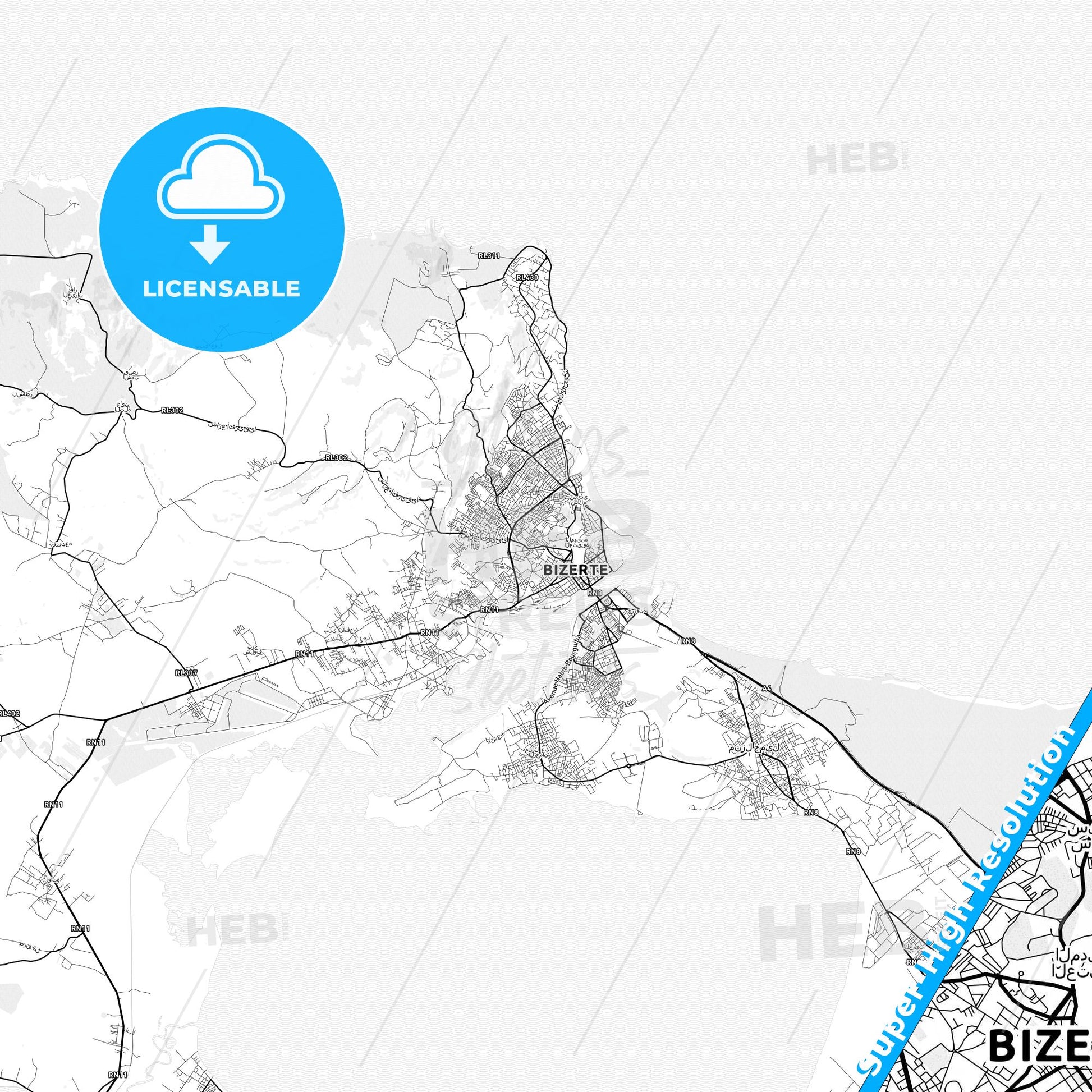Bizerte, Tunisia light map with streetnames, citynames and districts