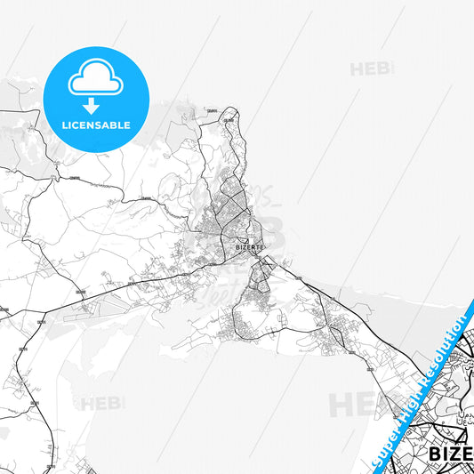 Bizerte, Tunisia light map with streetnames, citynames and districts
