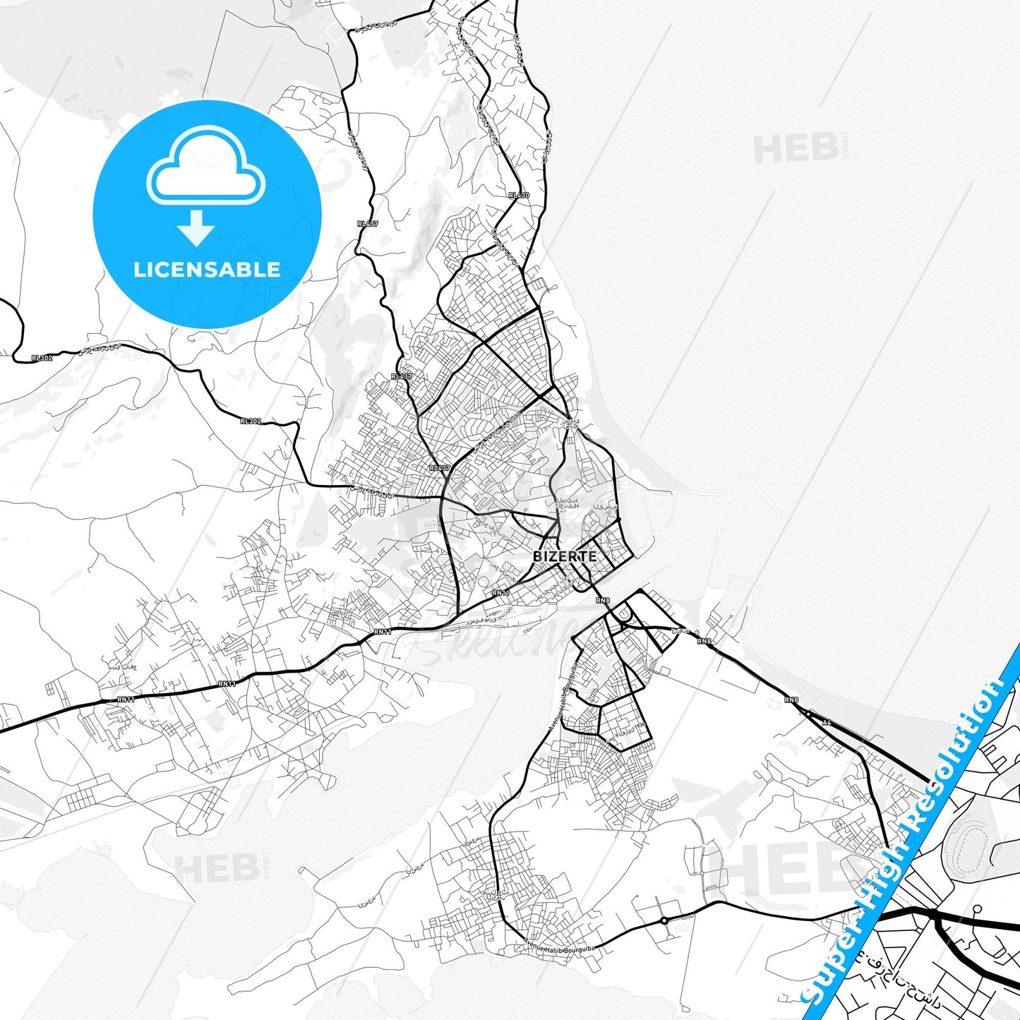 Bizerte, Tunisia Light Map with Street Names, City Names, and Districts