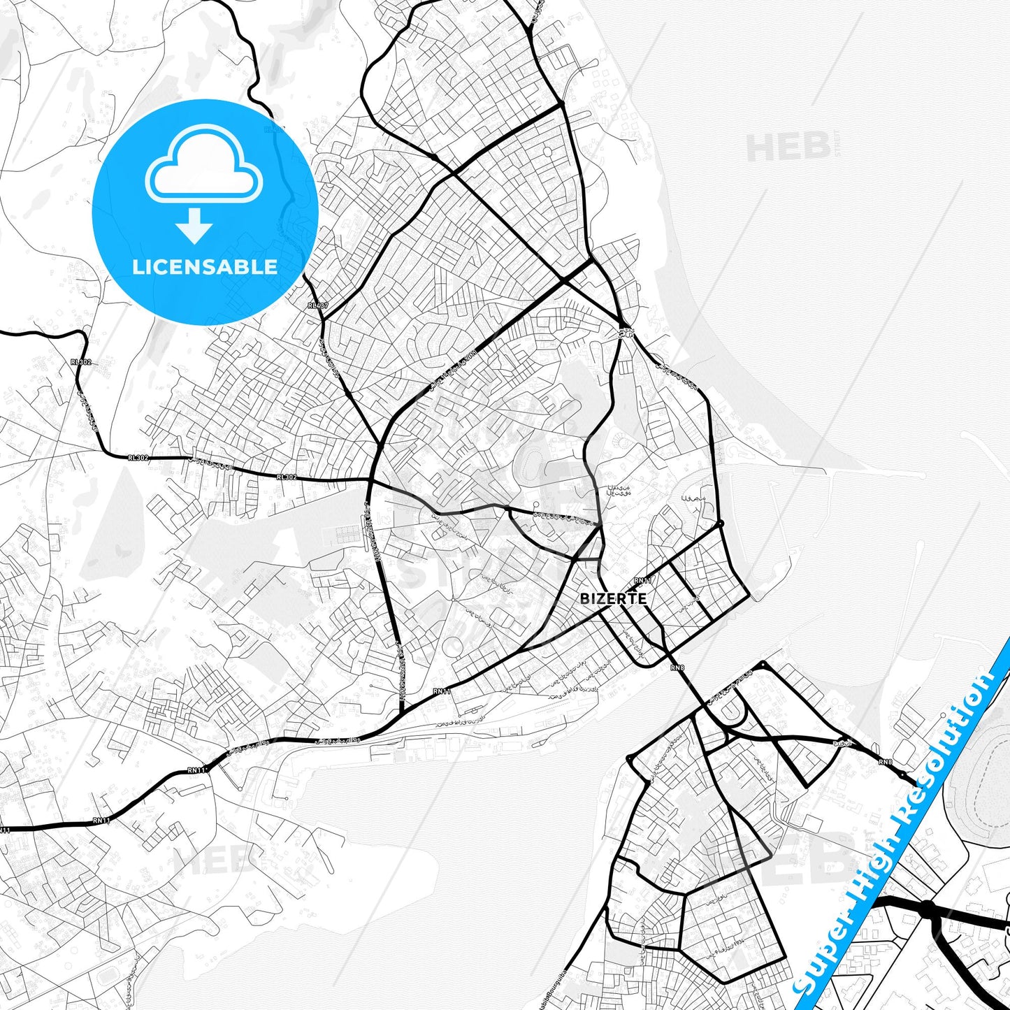 Bizerte, Tunisia Light Map with Street Names, City Names, and Districts