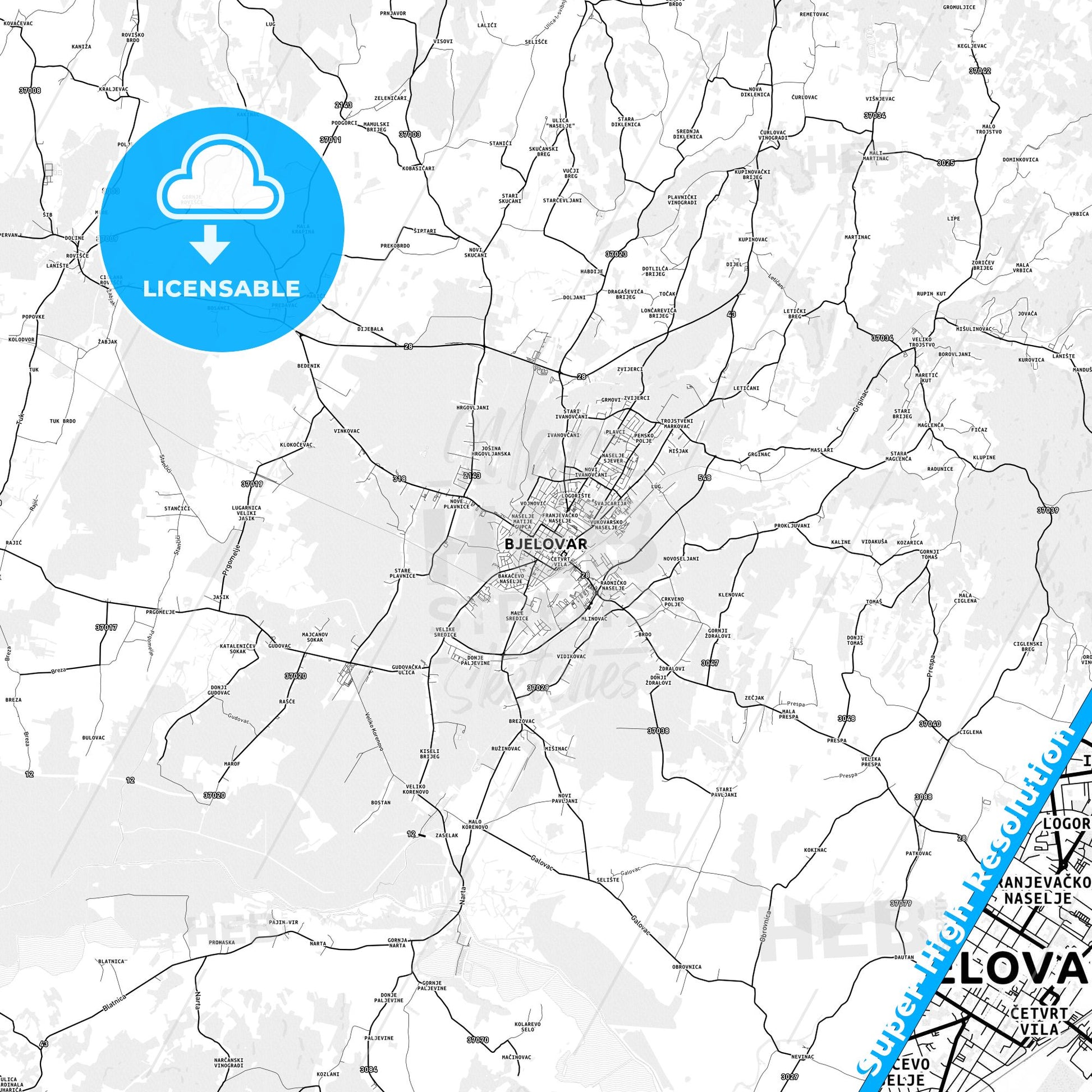 Bjelovar, Croatia light map with streetnames, citynames and districts