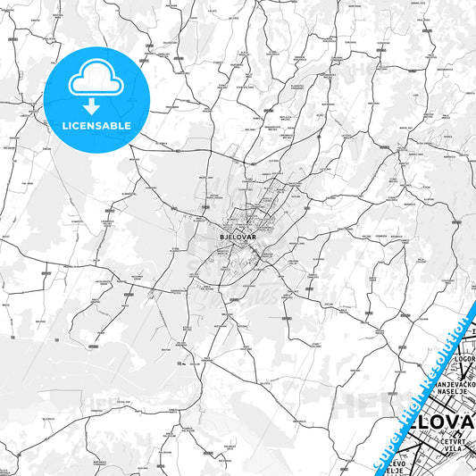 Bjelovar, Croatia light map with streetnames, citynames and districts