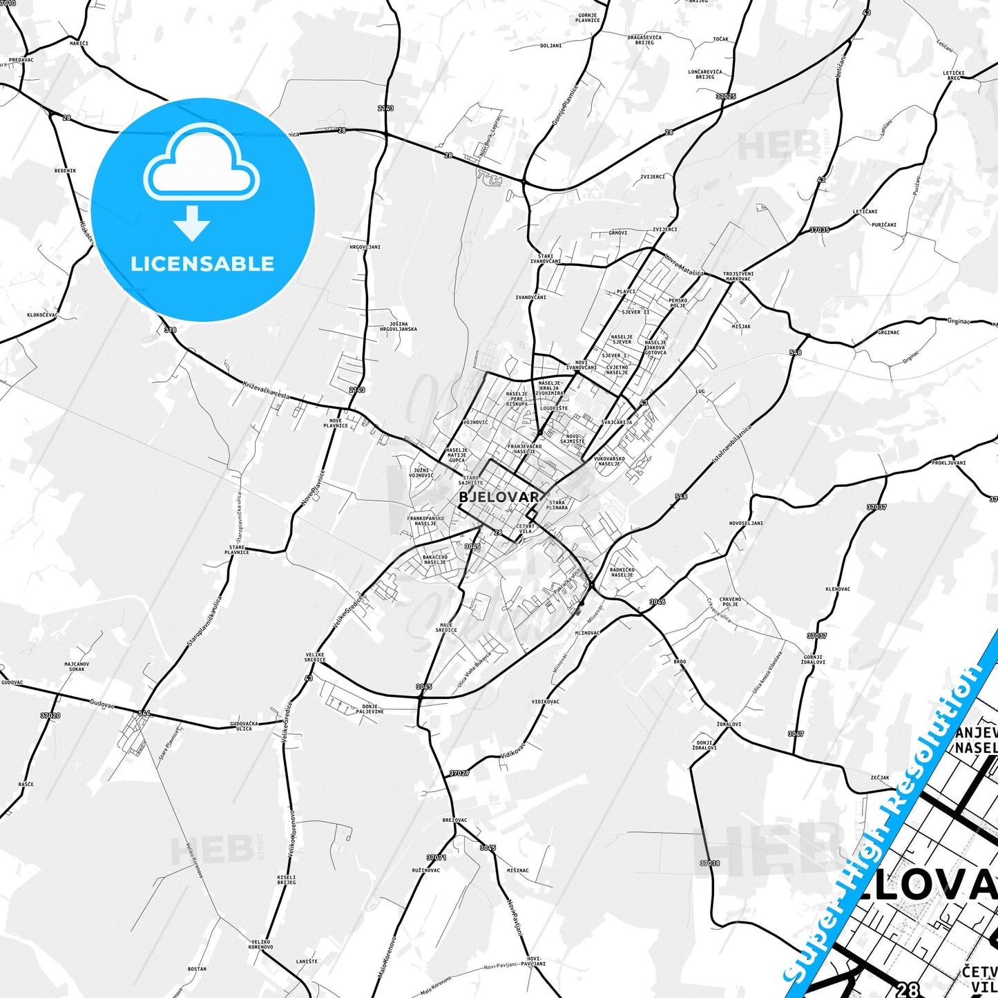 Bjelovar, Croatia Light Map with Street Names, City Names, and Districts