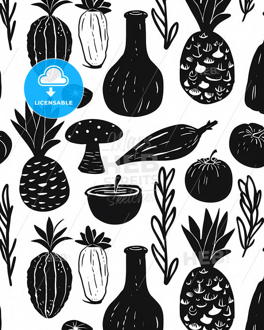 Handcrafted Black and White Fruits Doodle Pattern: Modern Art Design with Vibrant Flair