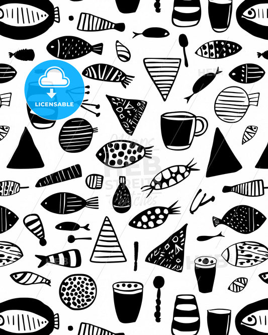 Black and white doodle art pattern with hand-drawn objects including flowers, hearts, and geometric shapes