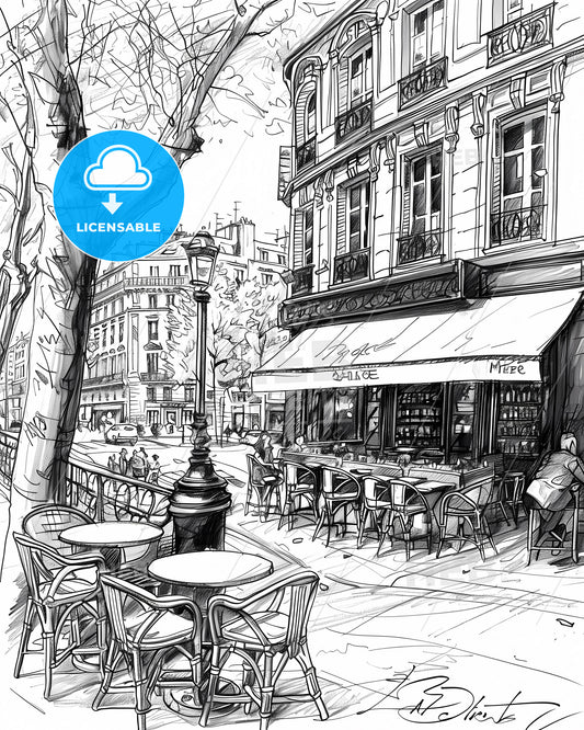 White blind contour line art drawing of a charming Paris cafe scene, featuring tables, chairs, and a vibrant cityscape atmosphere, showcasing the artistic interpretation of the lively street.