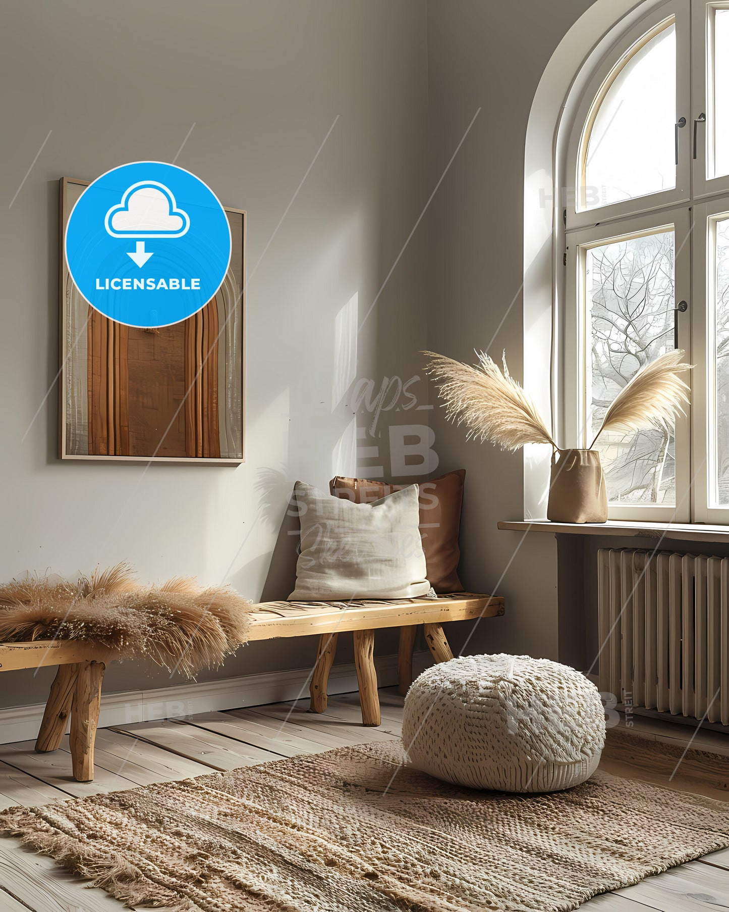 Bohemian Black and White Minimalist Line Art Bench Pillow Neutral Rainbow Print with Vibrant Paint Art Decor