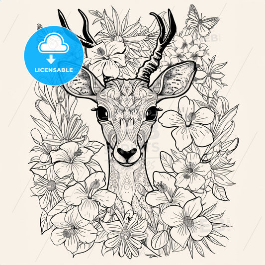Black And White Coloring Page Of A Cute Happy Small Frontfaced Dikdik Looking Through Through Flowers Foliage With Hibiscus Flowers And Birds - A Drawing Of A Deer Surrounded By Flowers