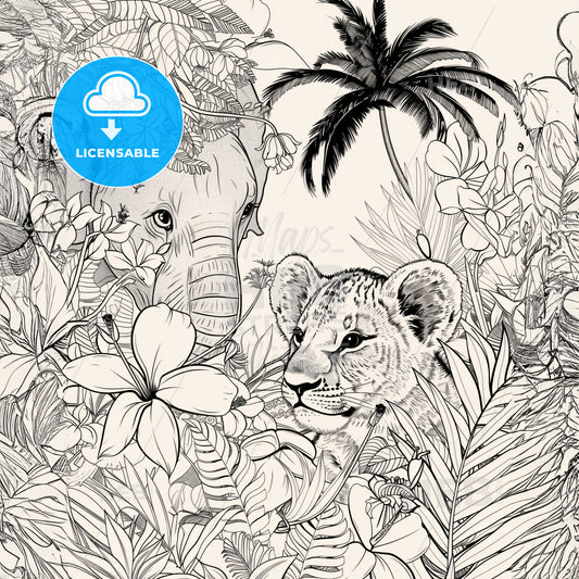 Black And White Coloring Pages Of A Lion Cub Looking Through Jungle Foliage With A Lot Of Strelitzia - A Drawing Of An Elephant And A Cheetah In A Jungle