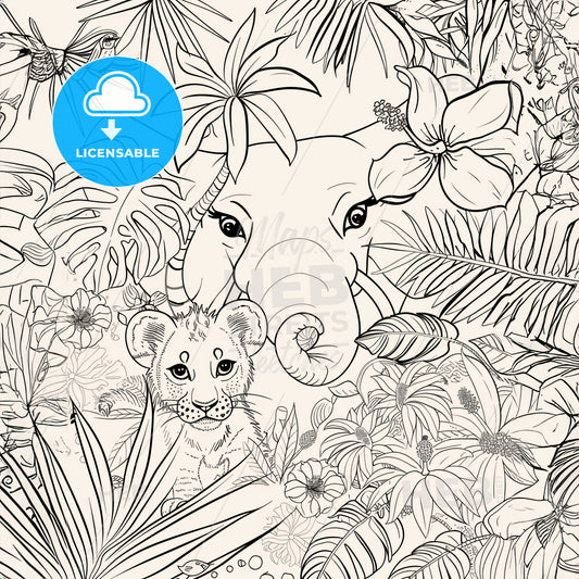 Black And White Coloring Pages Of A Lion Cub Looking Through Jungle Foliage With A Lot Of Strelitzia - A Drawing Of An Elephant And A Lion Cub