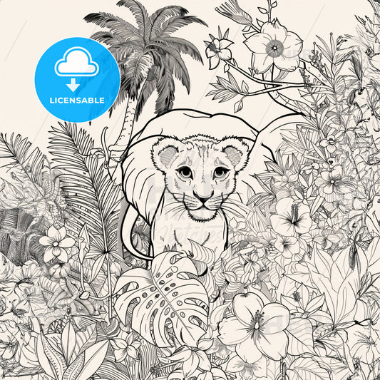 Black And White Coloring Pages Of A Lion Cub Looking Through Jungle Foliage With A Lot Of Strelitzia - A Black And White Drawing Of A Lion In A Jungle