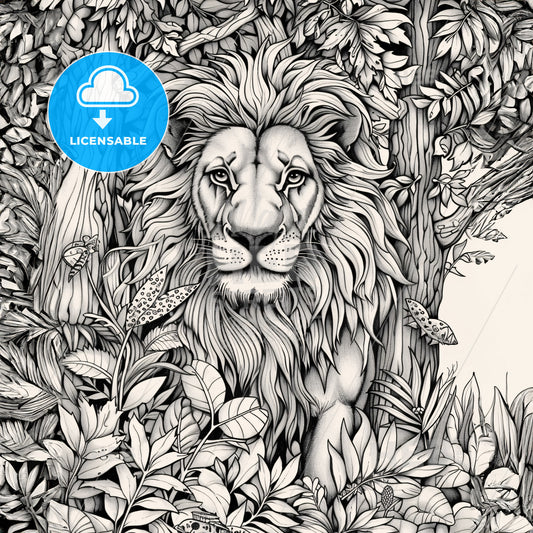 Black And White Drawing Of Lion In The Trees For Coloring - A Drawing Of A Lion In A Tree