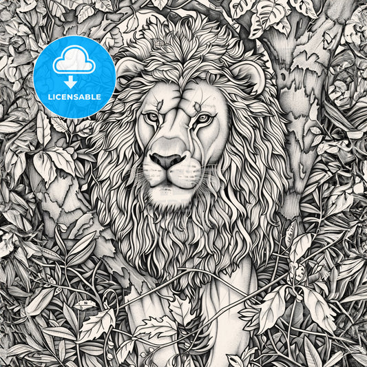 Black And White Drawing Of Lion In The Trees For Coloring - A Drawing Of A Lion In A Tree