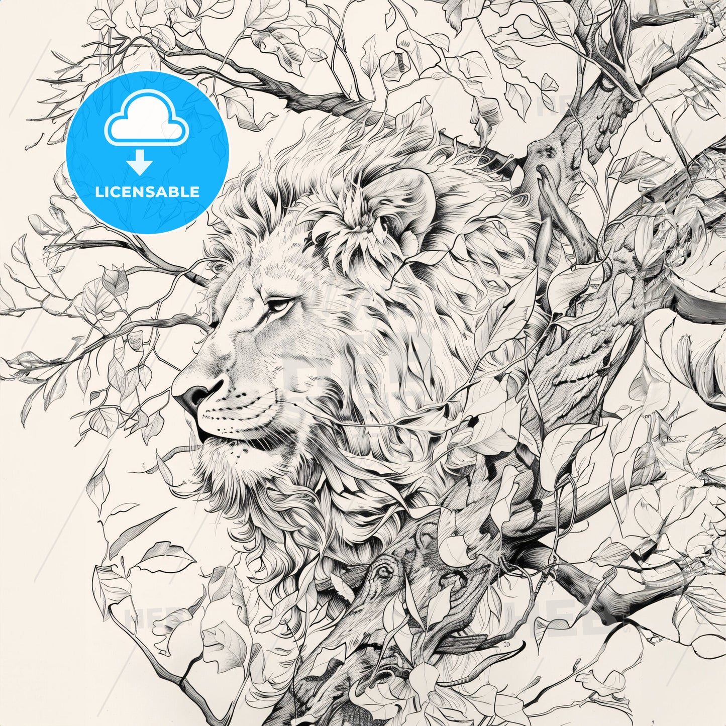 Black And White Drawing Of Lion In The Trees For Coloring - A Drawing Of A Lion In A Tree