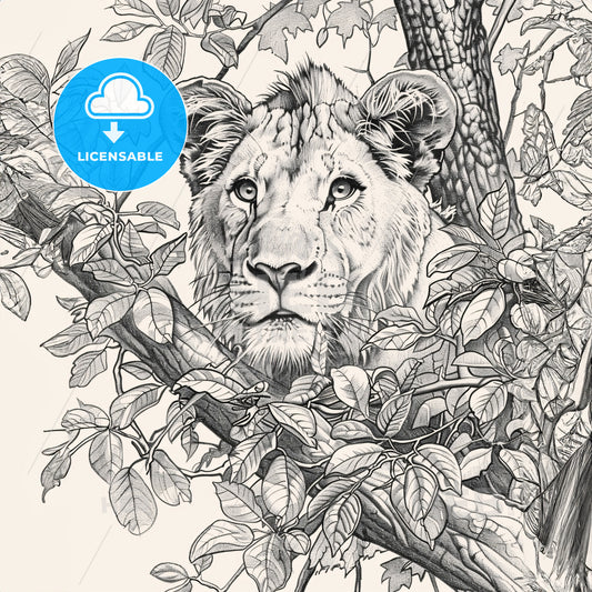 Black And White Drawing Of Lion In The Trees For Coloring - A Lion In A Tree