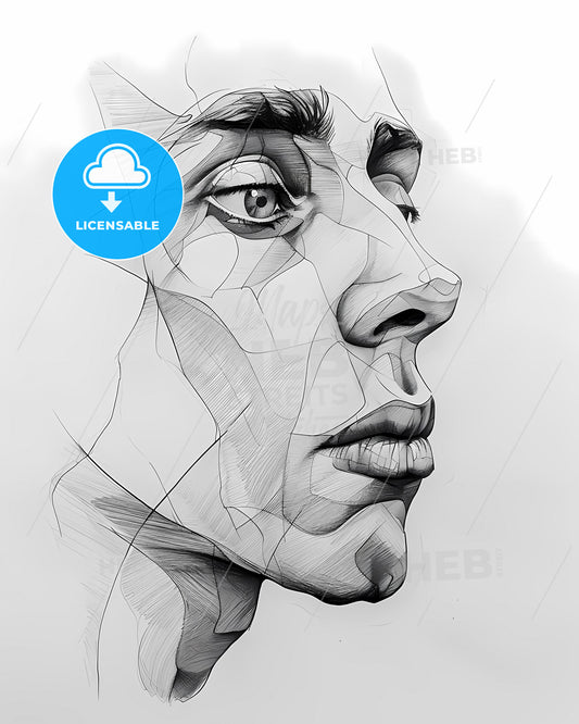 Bold Monochromatic Hand-Drawn Portrait Highlighting Artistic Expression, Captivating Image of Vibrant Face