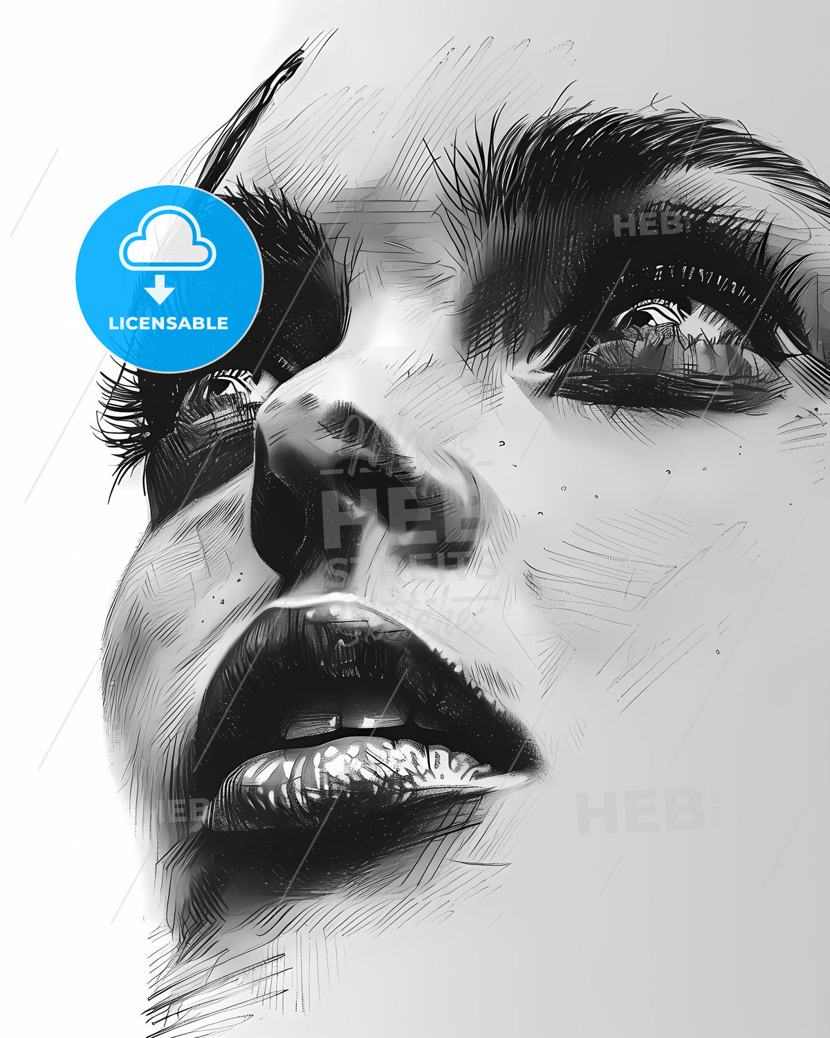Vibrant Hand-drawn Face Portrait: Stunning Black & White Artwork with Emphasis on Expression & Detail - Available Stock Image!