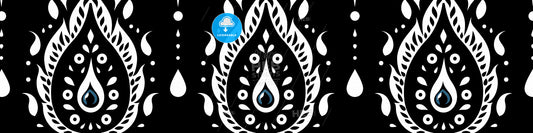 Black abstract linear oriental ornament with blue eye on white minimalistic geometric background