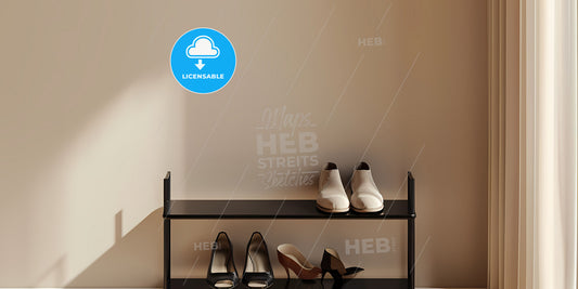 Modern shoe storage solution: minimalist black shoe shelf against beige home backdrop displaying colorful footwear
