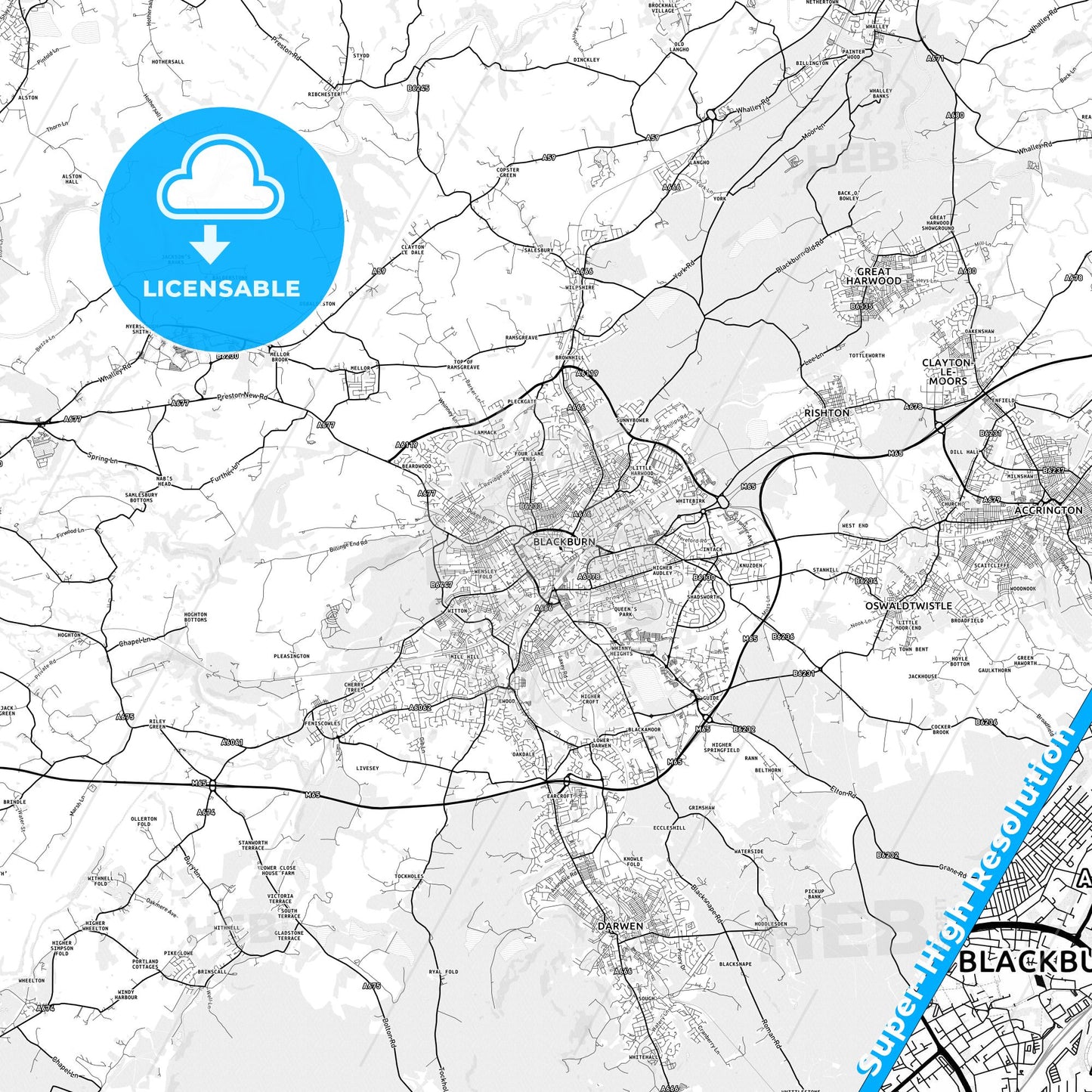 Blackburn, England light map with streetnames, citynames and districts