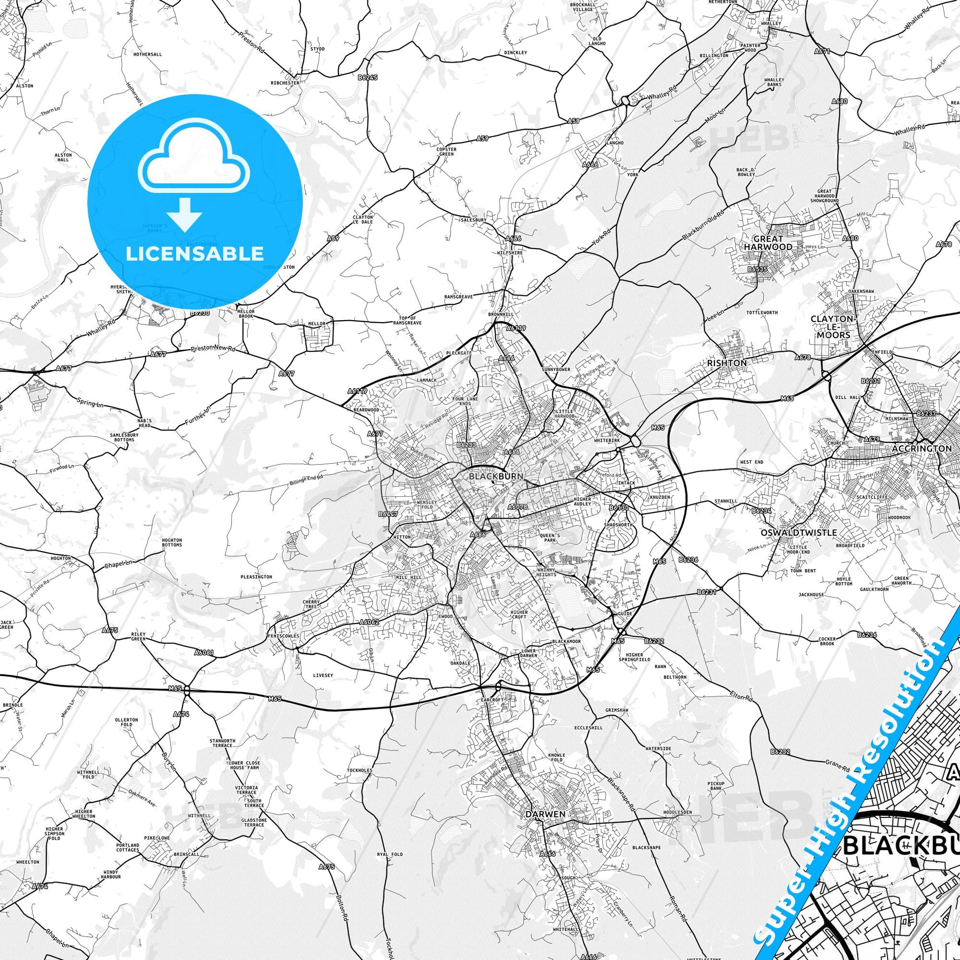 Blackburn, England light map with streetnames, citynames and districts